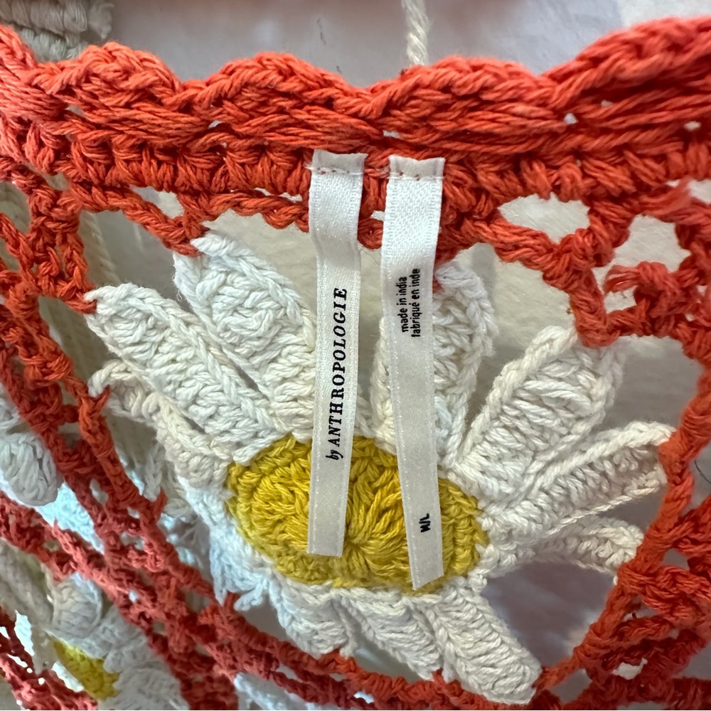 🌼 Anthropologie Floral Daisy Orange White Sun Flower Crochet Beach Dress M/L - Picture 4 of 10